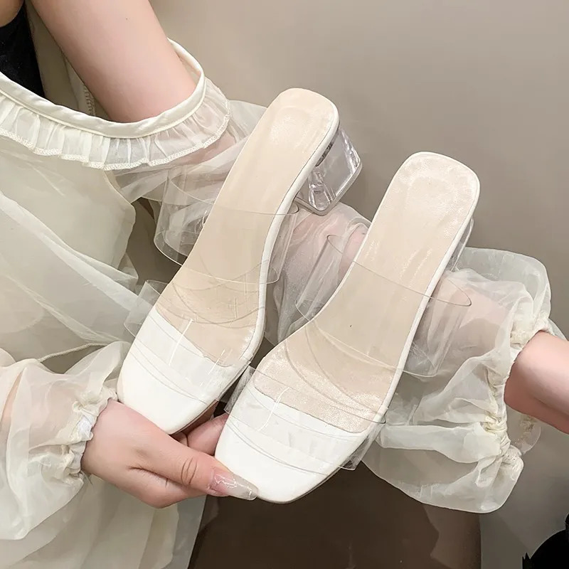 Summer Women Pumps Sandals PVC Jelly Slippers High Heels Women Open Toe Transparent Perspex Slippers Shoes Heel Sandals 260306