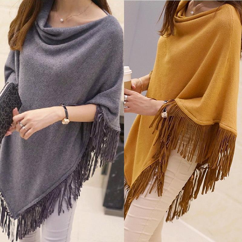 Asymmetrical batwing sweater loose tassel sweater mid-length cape shawl coat womens autumn and winter knitwear240904