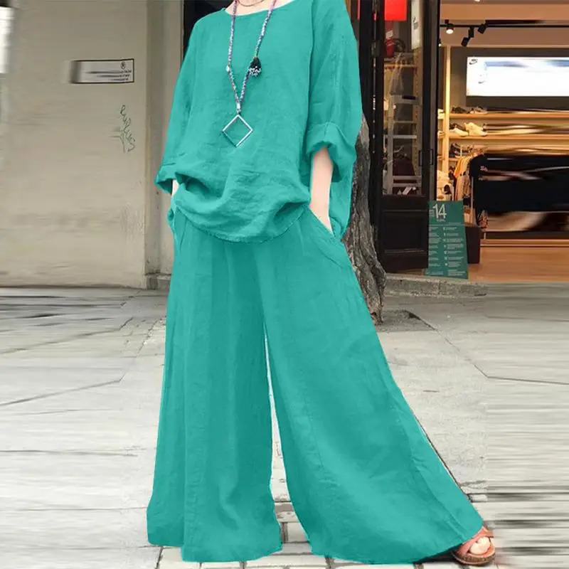 Casual Cotton Linen Set Womens O Neck Long Sleeve Blouses Wide Leg Pants Culottes 2piece Sets Autumn Retro Loose Female Suit 260303