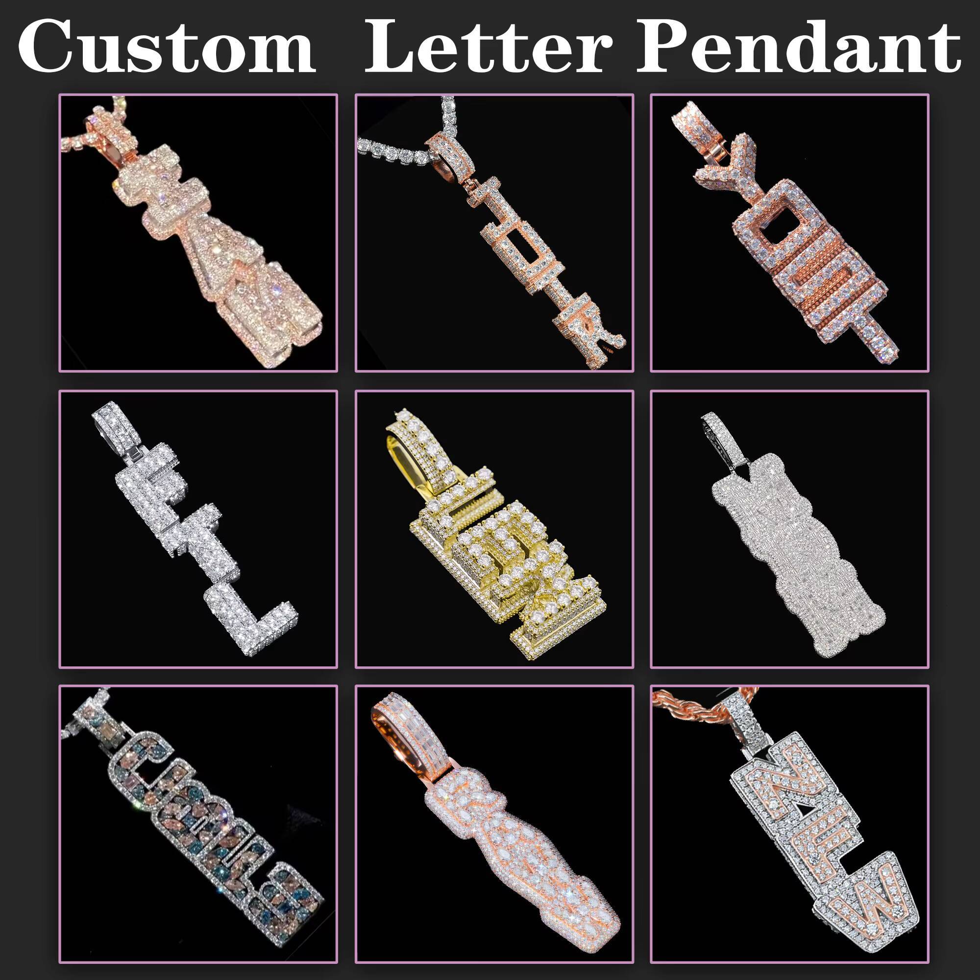 Hiphop Mossanite Pendant VVS Baguette 925 Silver Vertical Iced Out Name Letter Custom Moissanite Pendant Pass Diamond Tester