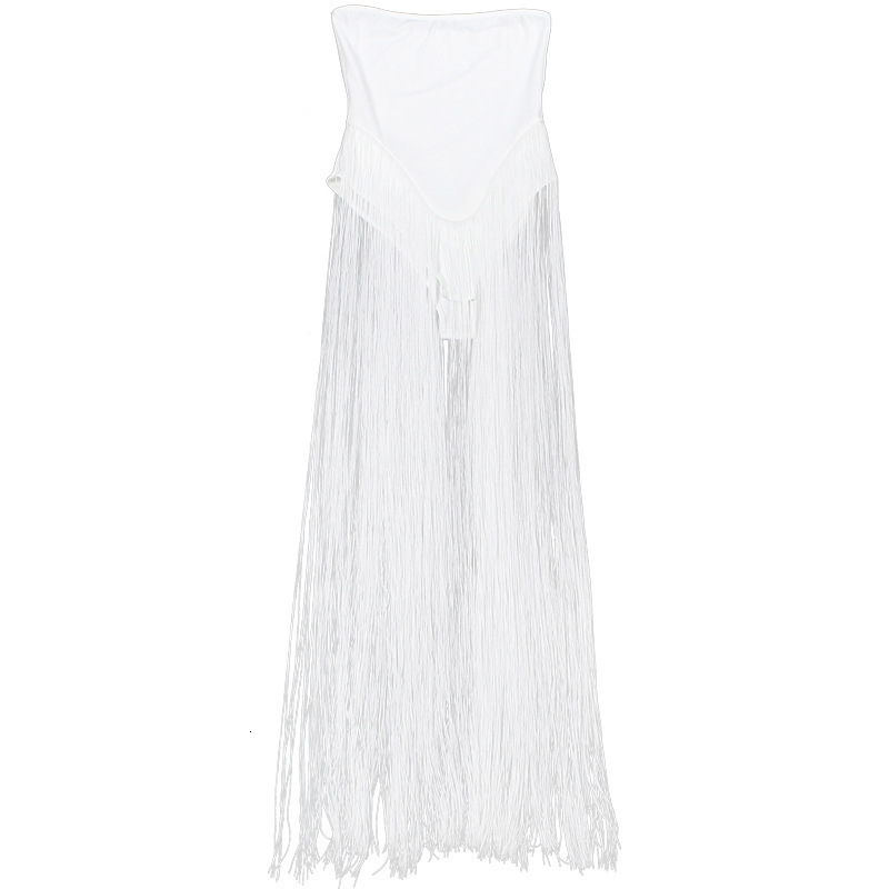 White bandage tassel patchwork hem long skirt for womens sexy off shoulder sleeveless backless dress 2024 womens beach party dress 240426