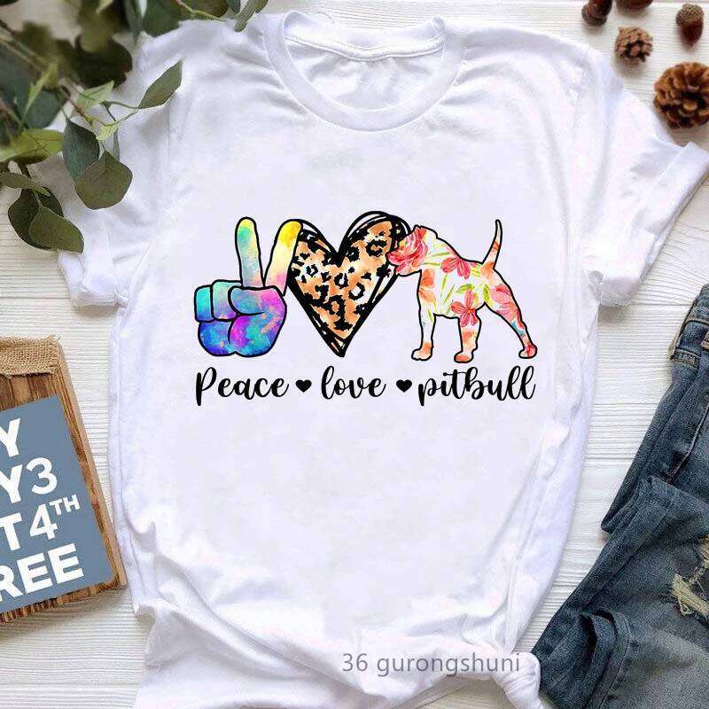 Peace Love Pitbull Graphic Print Tshirt Girls Funny Leopard T Harajuku Kawaii Clothes Summer Tops Tee Shirt Femme XJ260306