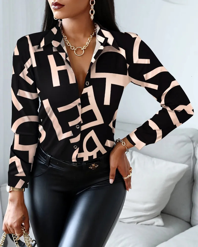 Elegant Womens Fashion Blouse 2023 SpringSummer Digital Print Shirt Slim Fit Office Female Tops 260228