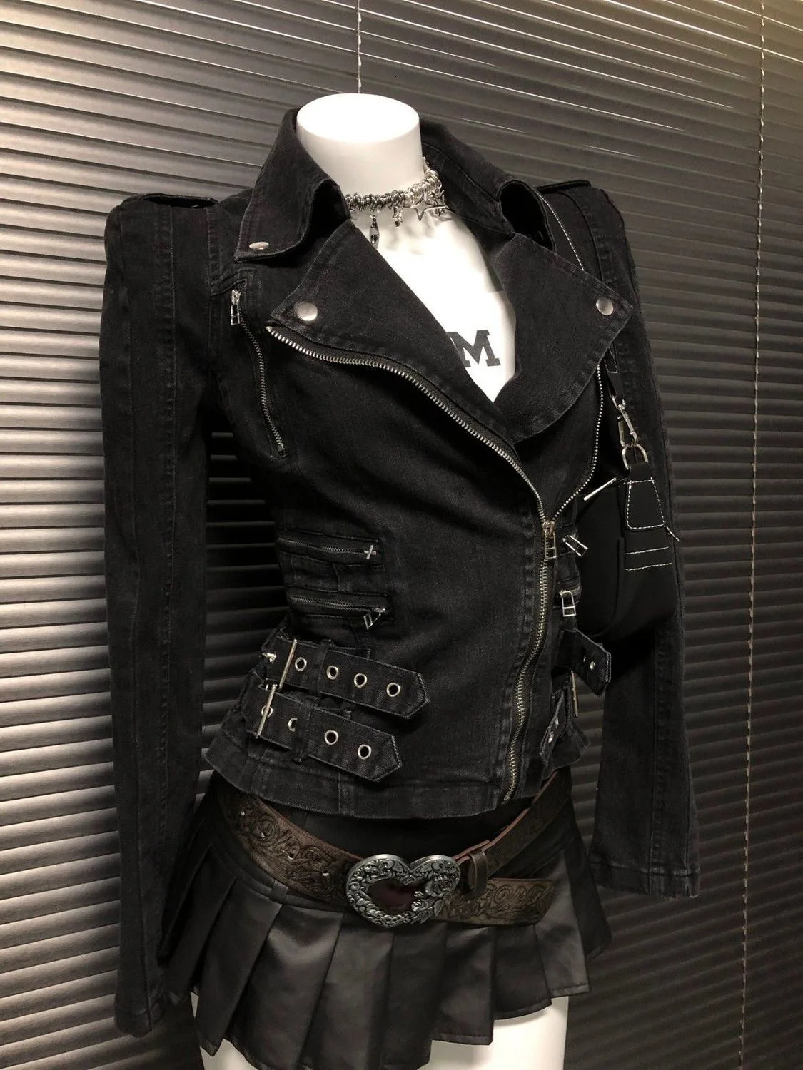 Y2K Gothic Black Coat Bomber Jacket Women Harajuku Vintage Turn Down Collar Denim Jacket Punk Diagonal Zipper Motorcycle Jacket 260303