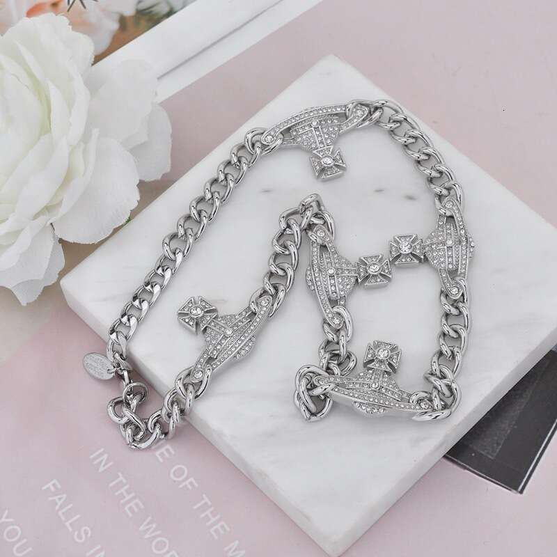 High-Quality Empress Dowager Thick Cuban Saturn Full Diamond Necklace Bracelet High-End Choker Collarbone Chain