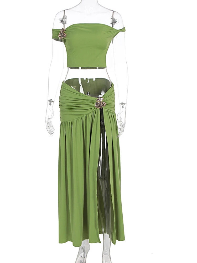 Beyprern y Green Gold Broach Top Maxi Skirt Set TwoPiece Dress Holiday Outfits Women High Slit Ruched Metal Bubble 260306