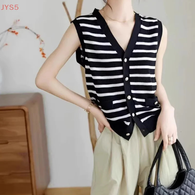 French Light y VNeck Black And White Striped Knitted Vest For Women In Summer 260306