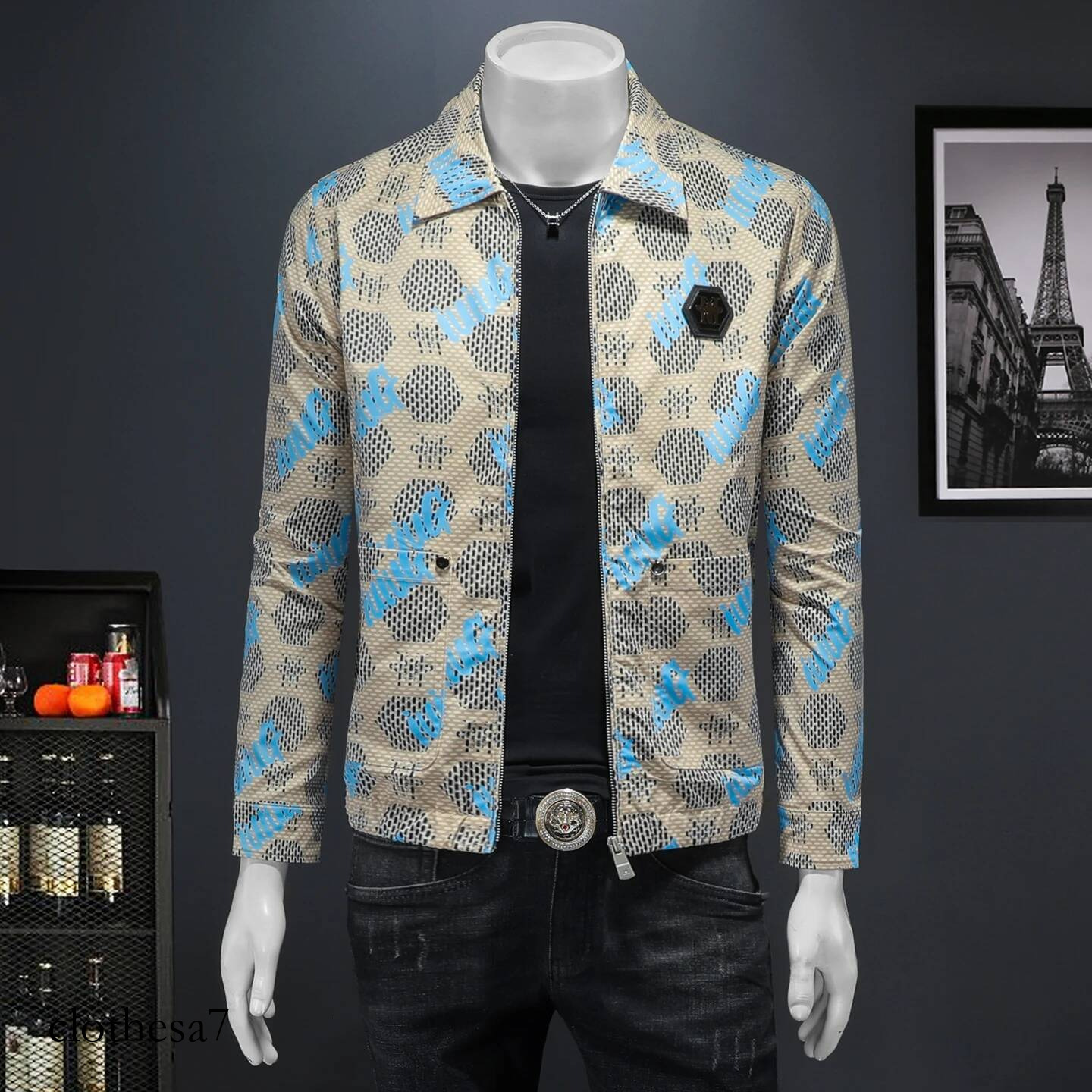 New High Quality Handsome Fashion Trend Business Elastic Cargo Lapel Jacket Korean Men's Casual Print Coat