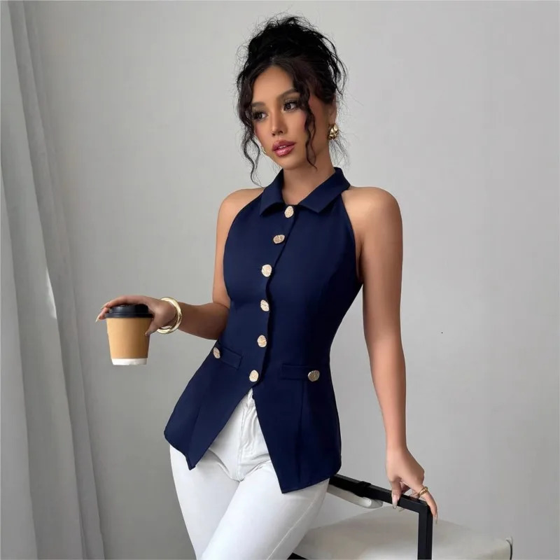 Womens Sexy Sleeveless Lapel Blazer Vest Summer Navy Blue Slim Fit Casual Jacket Office Ladies Gold Button Decor Top 260306
