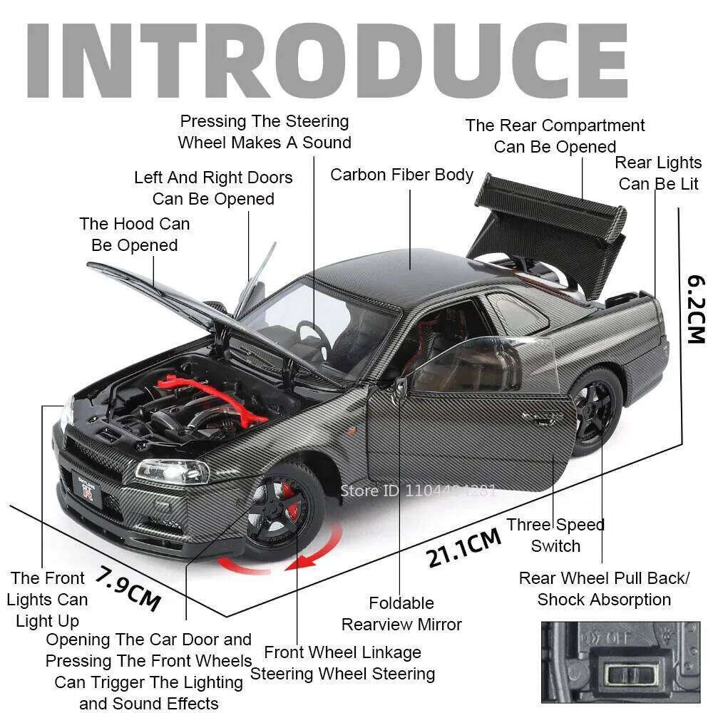 1:24 GTR R34 Miniature Model Diecast Alloy Car Toy 4 Doors Opened Sound Light Pull Back Front Wheel Steering Vehice for Boy Gift Z260307
