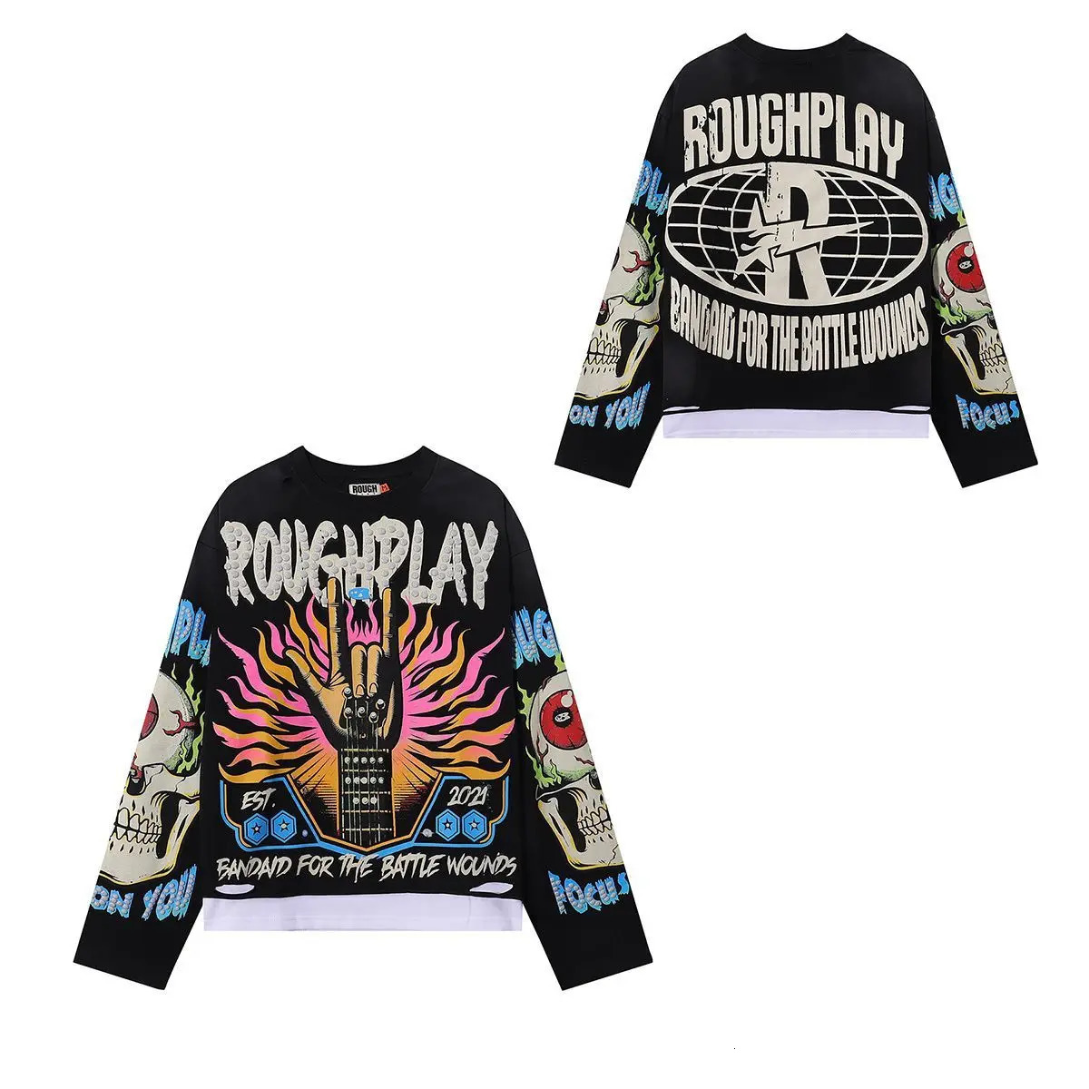 Roughplay American Cotton Retro Style Long Sleeve Men Women Jesus Print Skull Rockabilly Washed Out T-Shirt Vintage Tee 260303