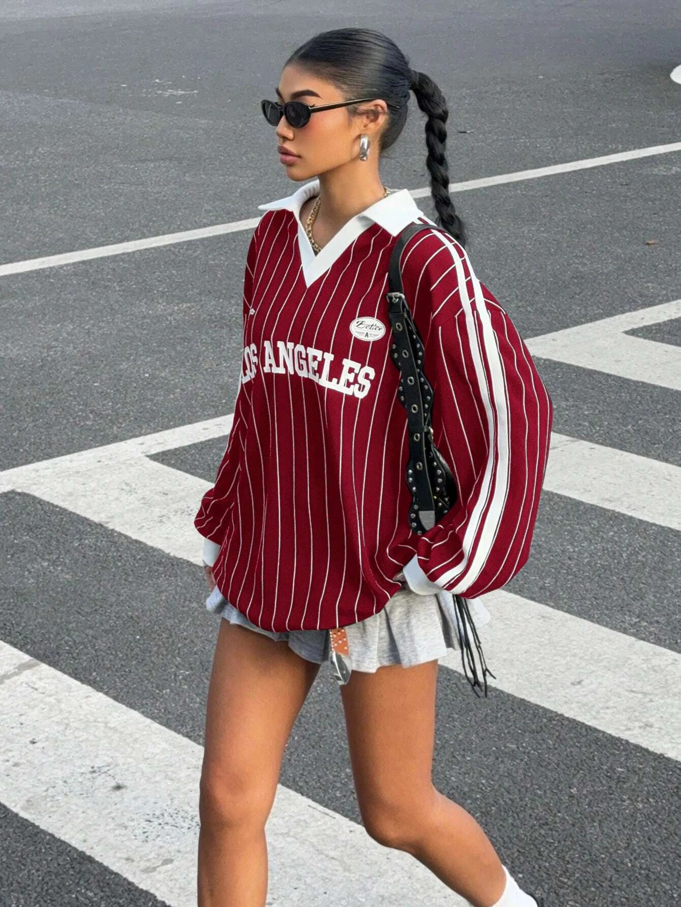 Womens Casual Striped Letter Number Print Athletic Polo Collar Long Sleeve TShirt Drape Oversize Tops Streetweat SpringFall 260228