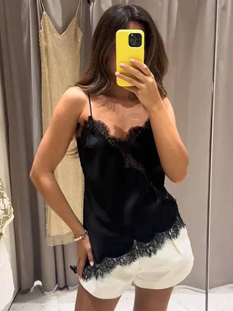 Women Solid Lace Sling Top Fashionable Sleevelesss Patchwork Irregular Tops Female Summer Chic Casual Holiday Vestidos 260306