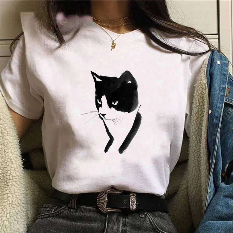 Beautiful Black Cat Print Harajuku T-shirt Casual Fun Cartoon Tops for Women Graphic XJ260306 XJ260306