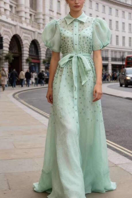 2026 European and American fairy style retro dress with rhinestone semi transparent single breasted loose waistband long skirt