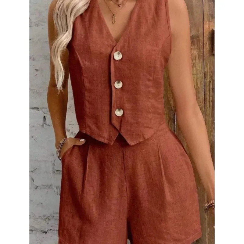 Summer Women 2Pcs Sets Sleeveless TShirt Shorts Cotton Linen Vest White Short Two Pieces Office Lady Outfit Casual 260306