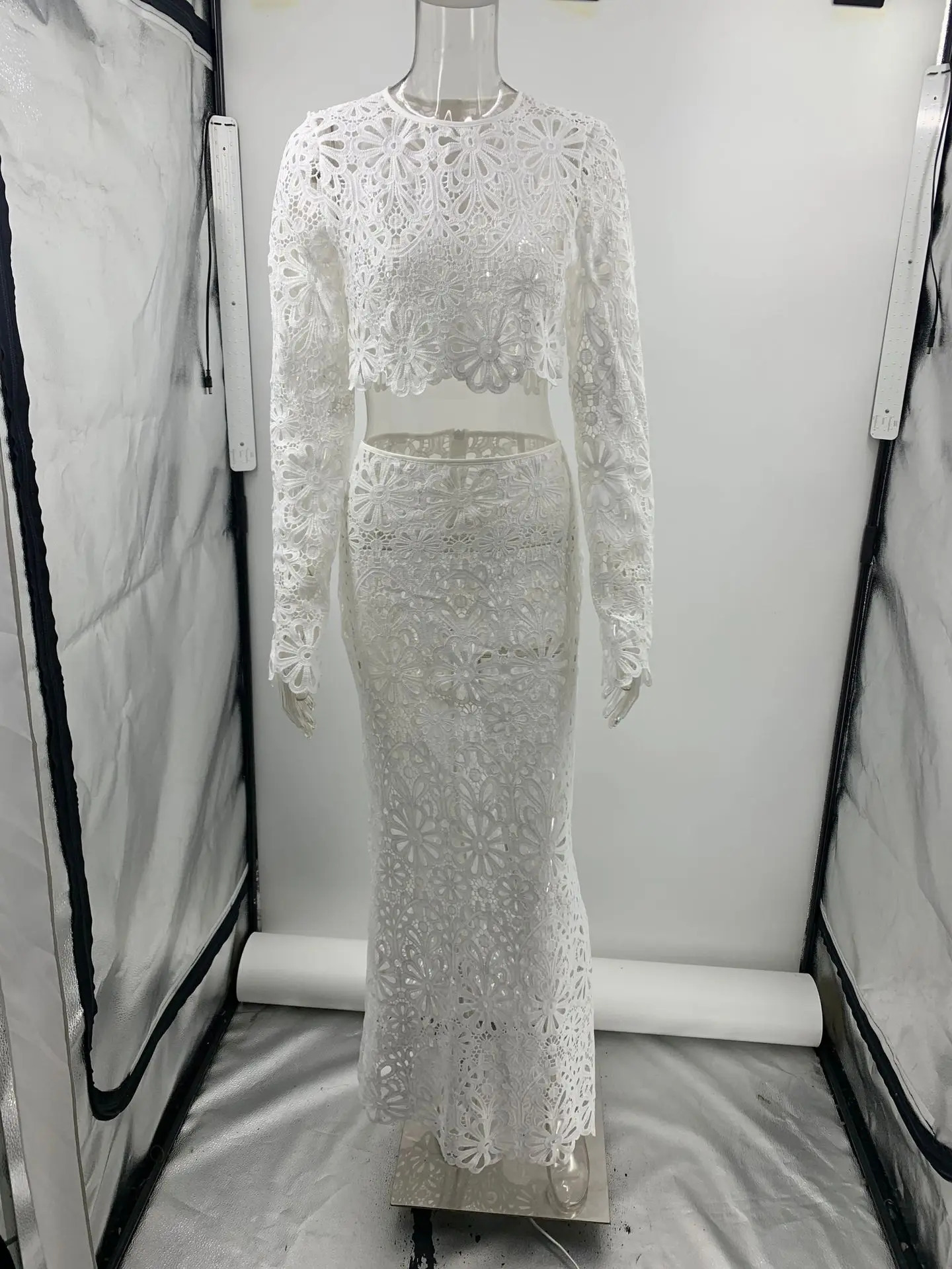 Sexy Embroidery White Skirt Two Piece Set Women Long Sleeve Hollow Out Crop Top and Suit Summer Holiday Beach Outfit 260306
