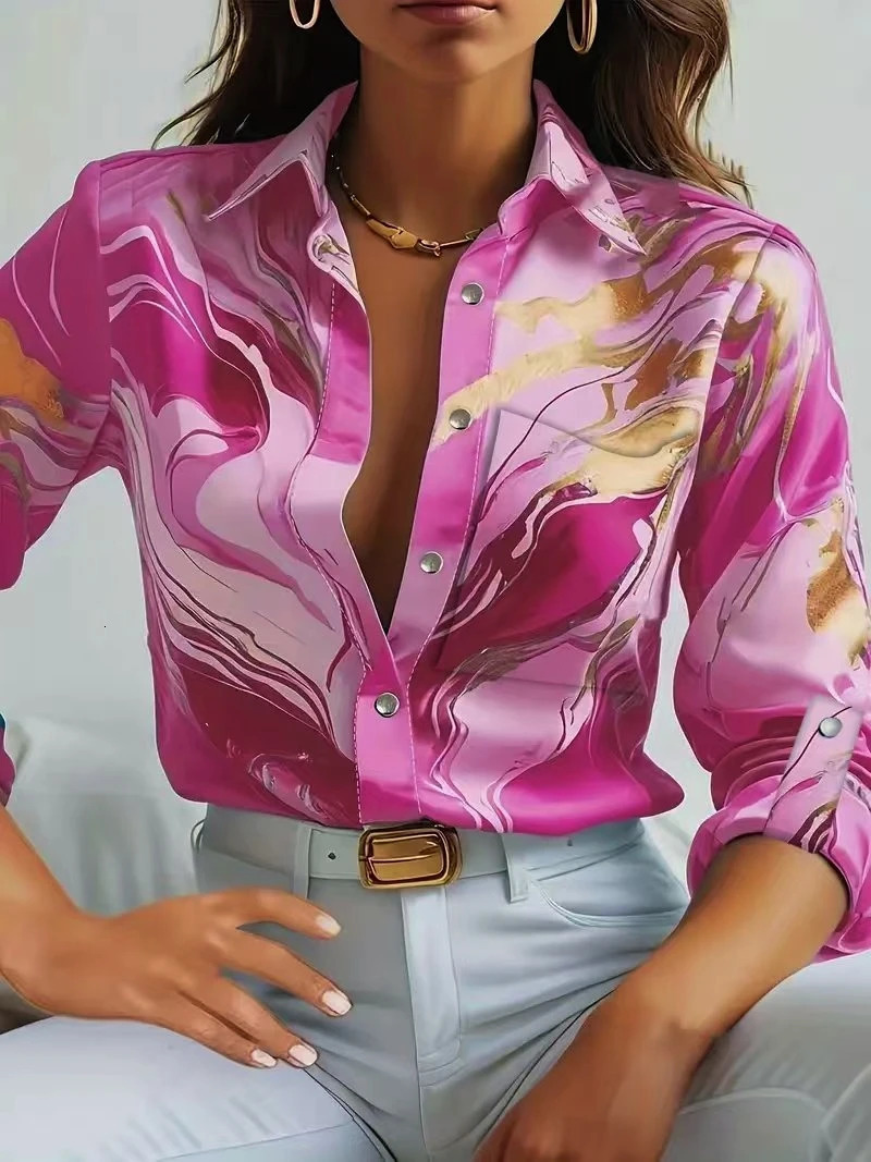Women Print VNeck Button Long Sleeve Shirt Loose Casual Holiday Tops Blouse 260228