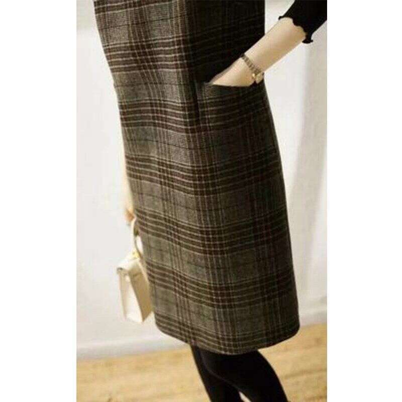 Mardi Hefxessdr Long Sleeveless Plaid Vest Dress Autumn Winter plus Size Straight Cut Slimming Woolen Dress Women's Midi V-neck Casual Style
