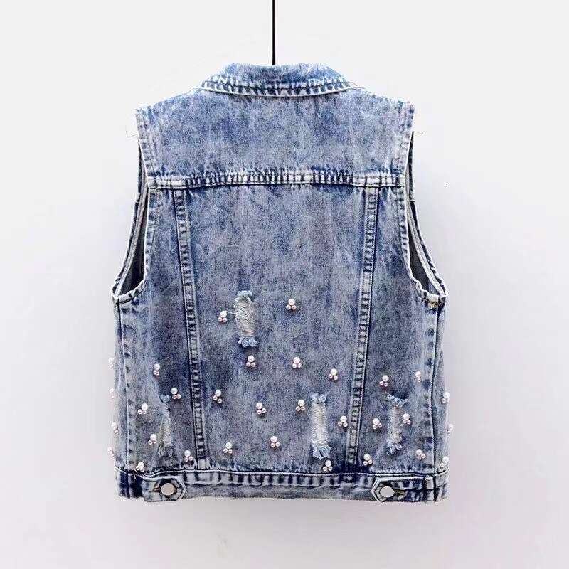 Mardi Hefxessdr Student Vest Slim Short Jacket Embroidery Flowers Sleeveless Denim Vest Women's Beaded Waistcoat Hole Jeans Vest Coat Girl