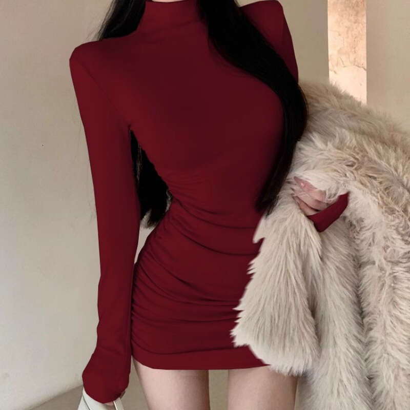 2026 spicy girl half A1 high neck long sleeved women's autumn and winter slim fit tight inner layer bottom skirt pure desire style short skirt