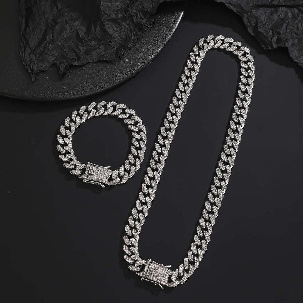 Popular personalized full-diamond hip-hop Cuban chain necklace 14mm men's fashion punk bracelet high-quality jewelry set