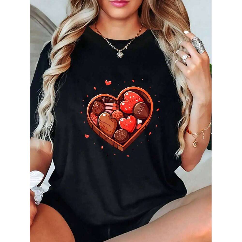 Chocolate-Colored Heart Graphic Comfort Fit T-Shirt for Women Casual Daily Wear Ideal Valentine's Day Gift Top XJ260306 XJ260306