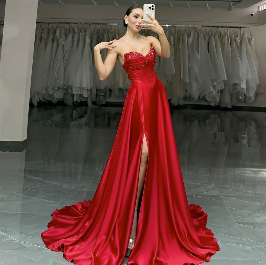2026 New Red Formal Prom Dress V-Neck Side Split Sleeveless Sequins Beads Satin Women A-line Evening Birthday Gowns Party Dresses Robes De Soiree BC68