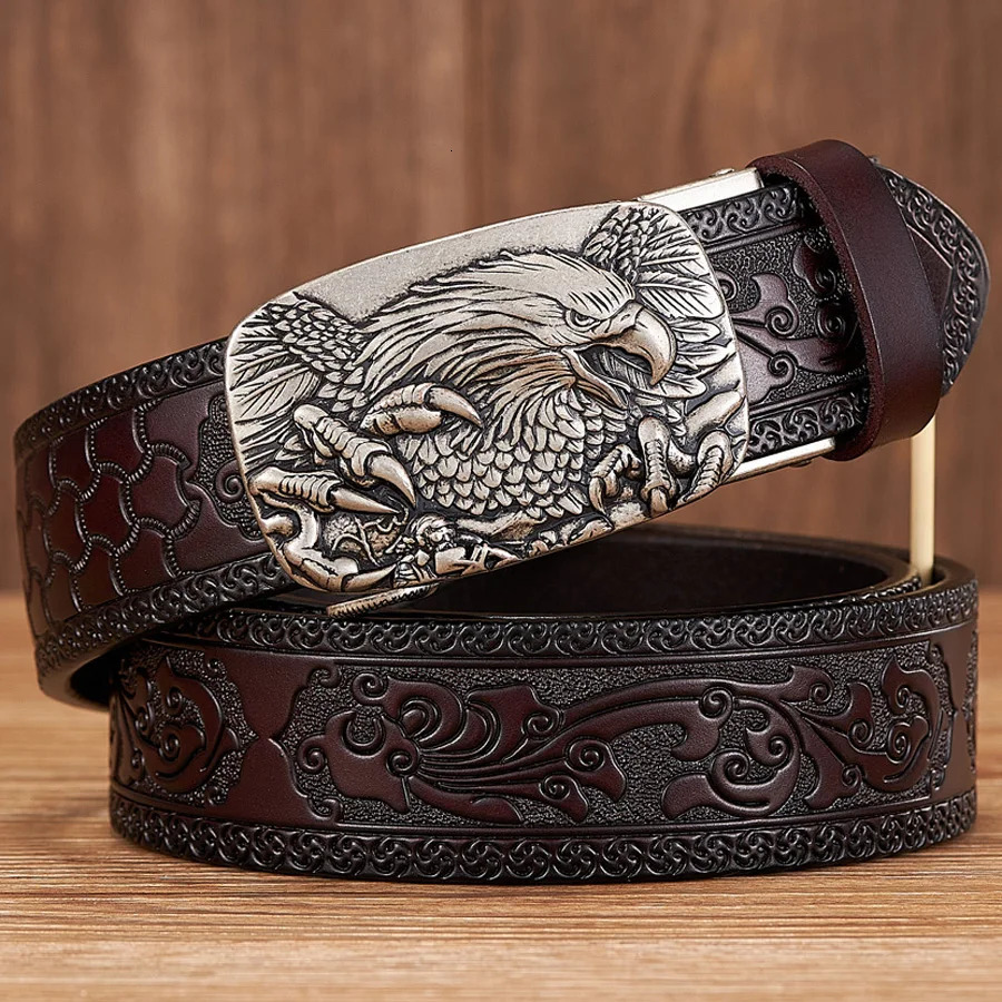35CM Eagle Automatic Buckle Belt Emboss Cowskin Belt Quality Men Wasitbad Strap Genuine Leather Gift Business Belt For Jeans 260302