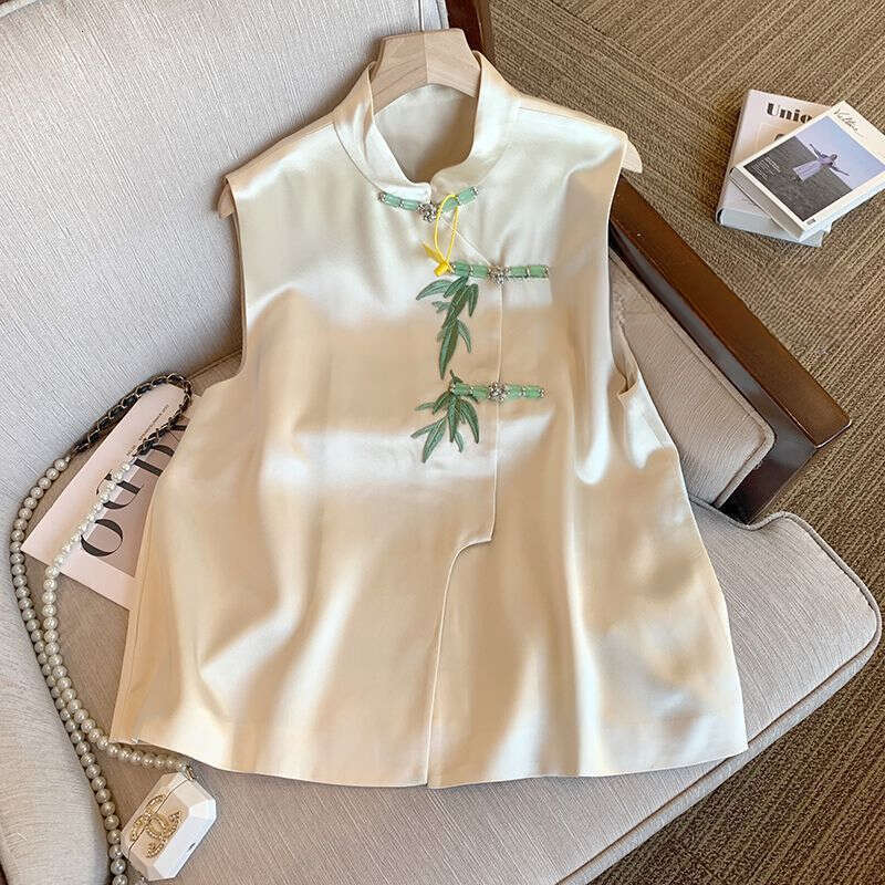 Mardi Hefxessdr New Chinese Style Leaf Heavy Embroidery Jade Bamboo Button Stand Collar Layered National Trend Retro Sleeveless Vest Waistcoat