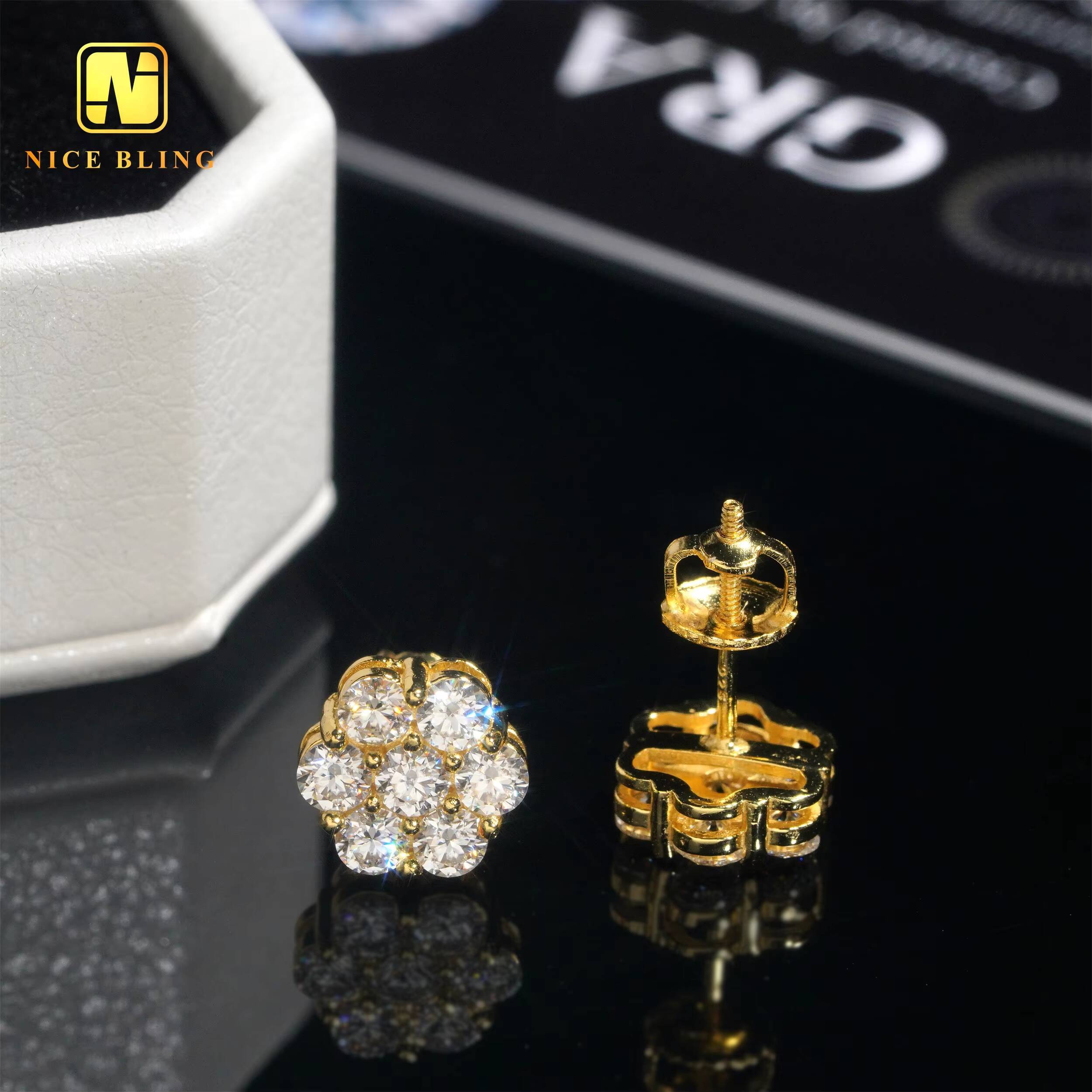 9MM Flower Earrings Trendy Silver Jewelry Hip Hop Fashion Cluster Earrings Moissanite Diamond Ear Studs for Men Women