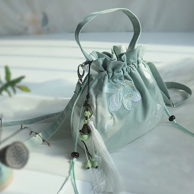 Chinese Style Womens Drawstring Bag Vintage Flower Embroidery Hanfu Handbag Street Fashion Girls Bucket Shape Shoulder 260307
