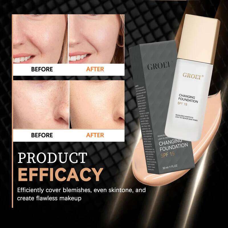 GROEI Changing Foundation SPF 15 - 30ml Adaptive Color Makeup, Auto-Match Your Skin Tone, Lightweight Cover Blemishes & Redness 26L0306