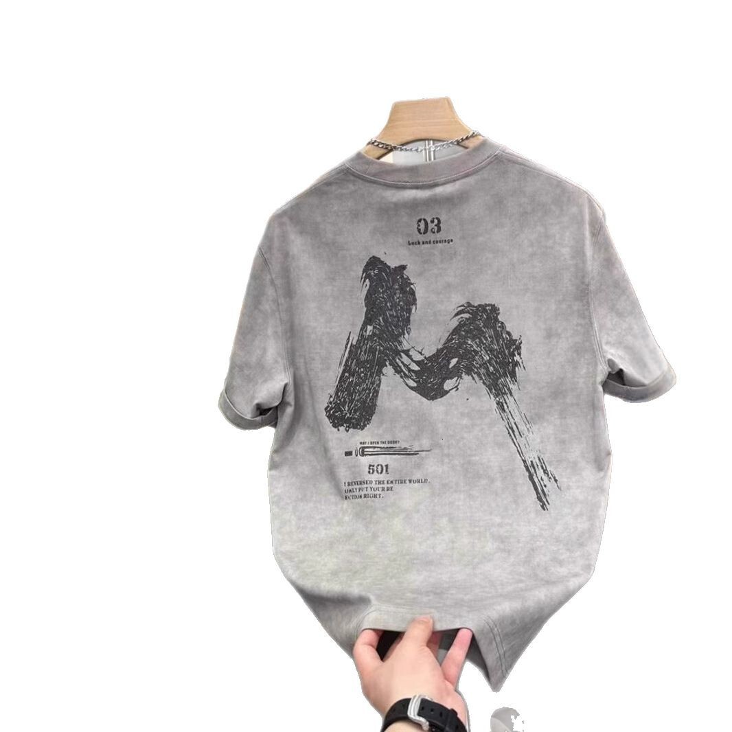 Luxury Brand Designer Clothes 2025 Summer New Washed Printed Letter Versatile Short Sleeve T-Shirt Men Hong Kong Style Trendy Ins Casual Loose Top