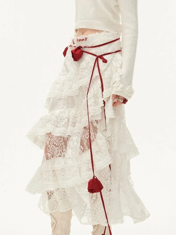 Deeptown Elegant Fairycore Lace Long Skirts Women Boho Irregular Tulle Layered Skirt Vintage White See Through Holiday Skirts 260306