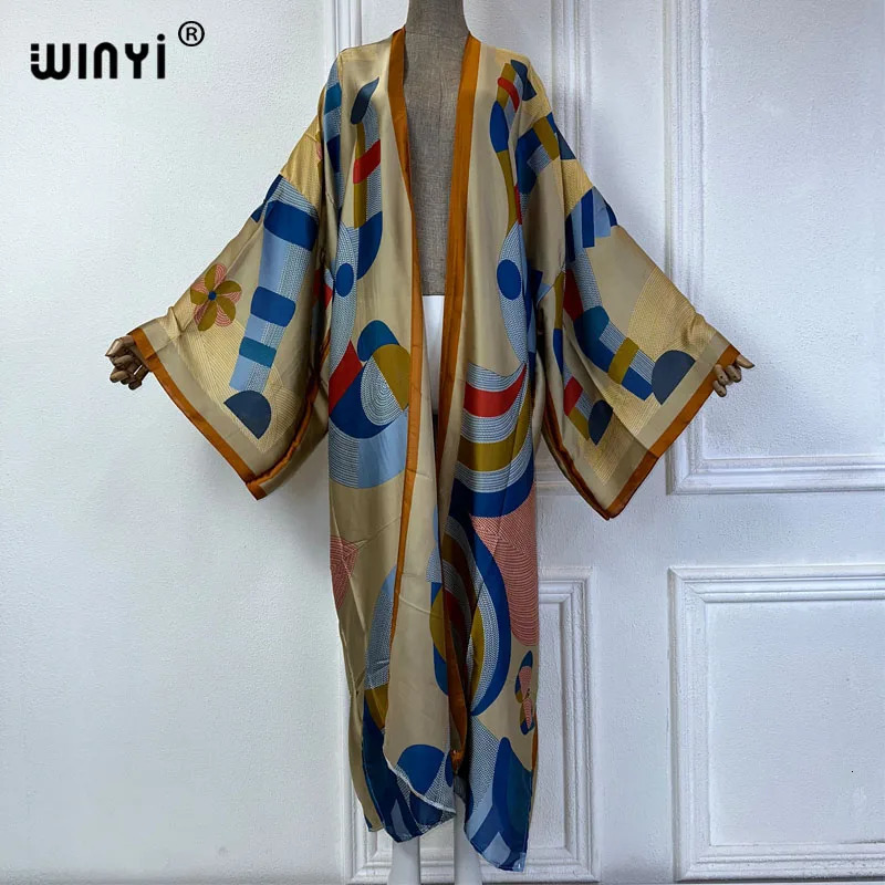 WINYI Summer bohemian Kimono beach cover up Swim Suit elegant African women boho Cardigan sexy Holiday long Sleeve dress 260228