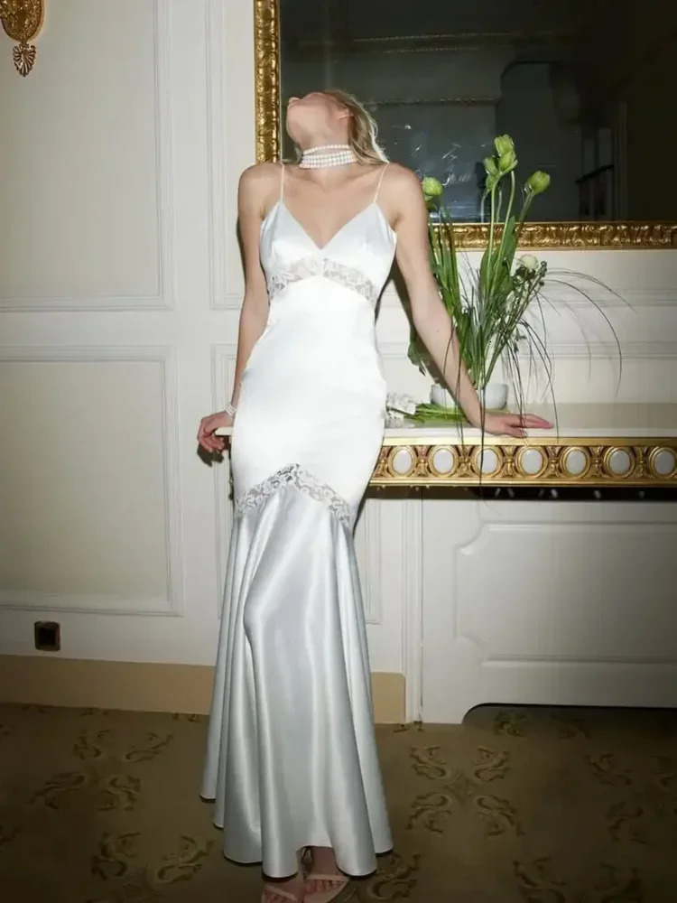 Women Elegant Satin Maxi Lace Dress Chic Patchwork Backless Vneck Sleeveless Slim Gowns Evening Party Fishtail Sling Robes 260306