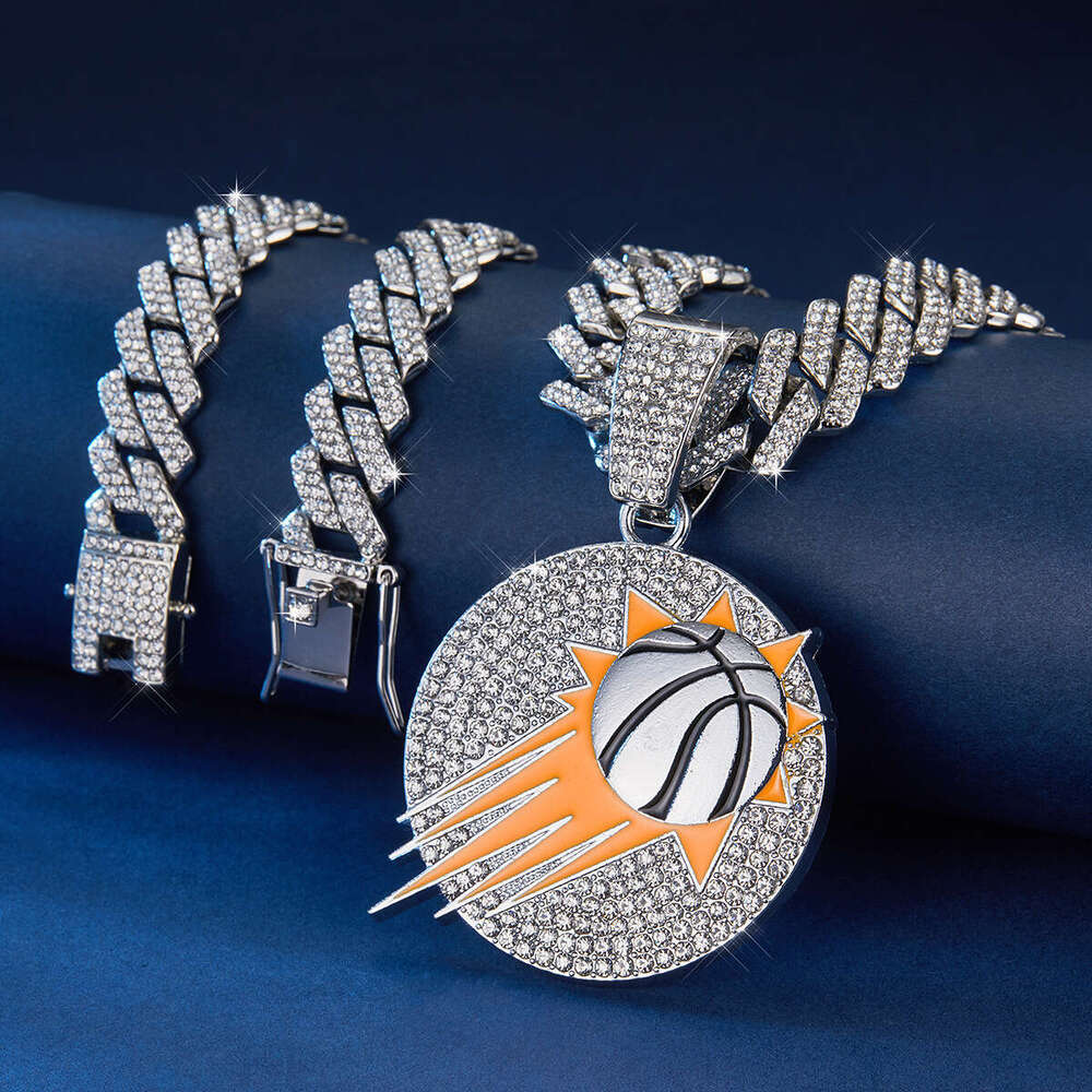 Amazon's new alloy basketball pendant necklace with full diamond inlay and oil drip design, high-quality hip-hop style, exclusively for cross-bor