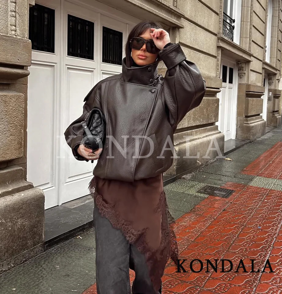 Women Fall Winter Leather Standing Collar Jacket Faux PU Zipper Pilot Jacket Coat Casual Fashion Outwear Ladies Jacket 260306