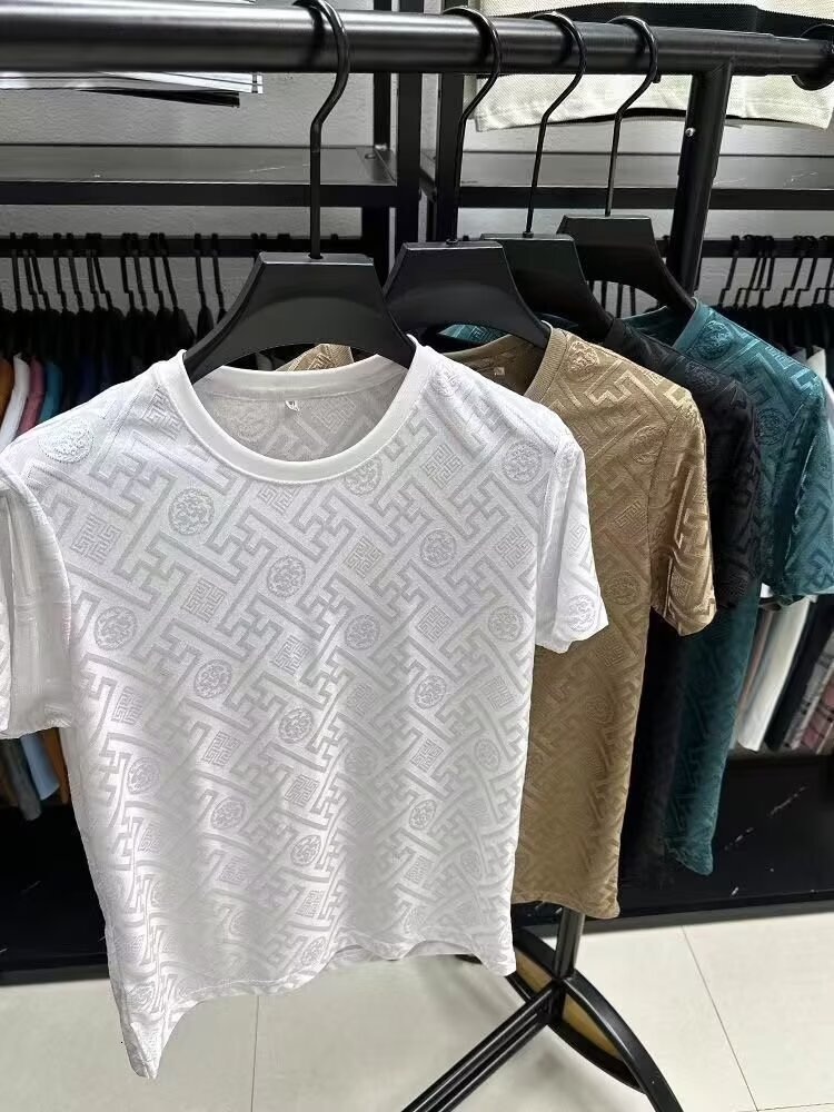 High-End Fashion Daily Luxury Clothing Foreign Trade Men's New Short Sleeve T-Shirt Round Neck Half Sleeve Summer Ice Silk T-Shirt Top Trendy One