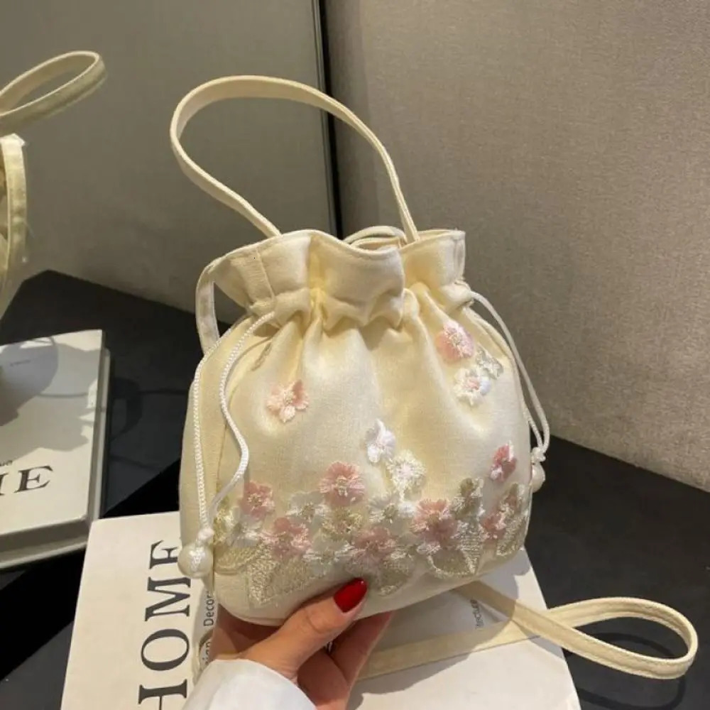 Ethnic Style Hanfu Drawstring Bag Chinese Crossbody Embroidery Flower Handbag Storage Ancient Floral Bucket 260307