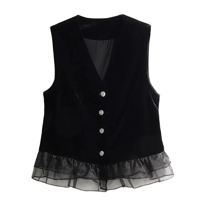 AutumnWinter Gold Velvet Splicing Sleeveless Lace Womens Vest Coat Elegant Fashion Temperament Lady Waistcoat Jacket 260306