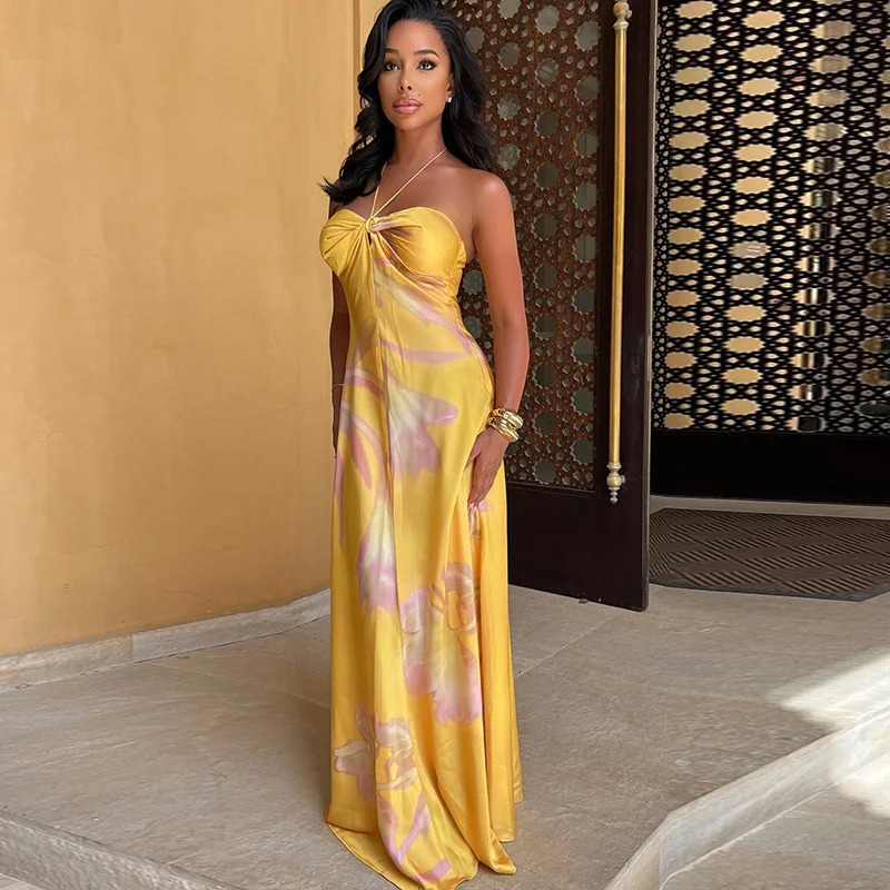 Womens Floral Print Sexy Halterneck Strappy Strapless Backless Slim Long Dress Summer Holiday Beach Loose Evening Vestidos 260306