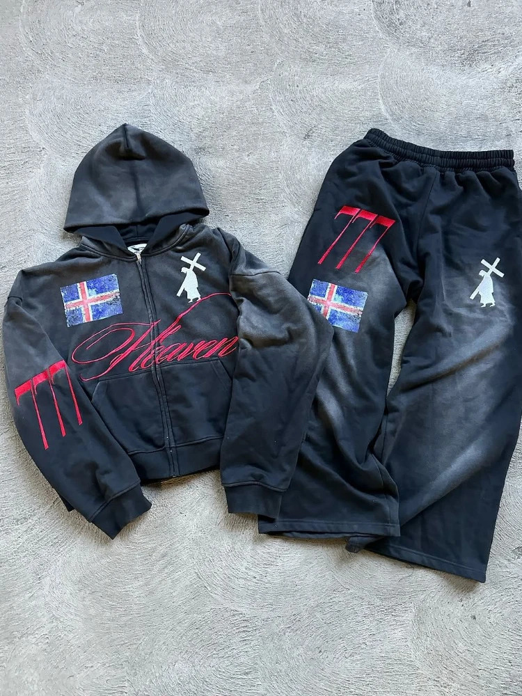 High Street American Retro Streetwear Mens Suit Two-piece Set Goth Harajuku Zipper Hoodie Trendy Casual Sports Suit Sweatshirt 260304