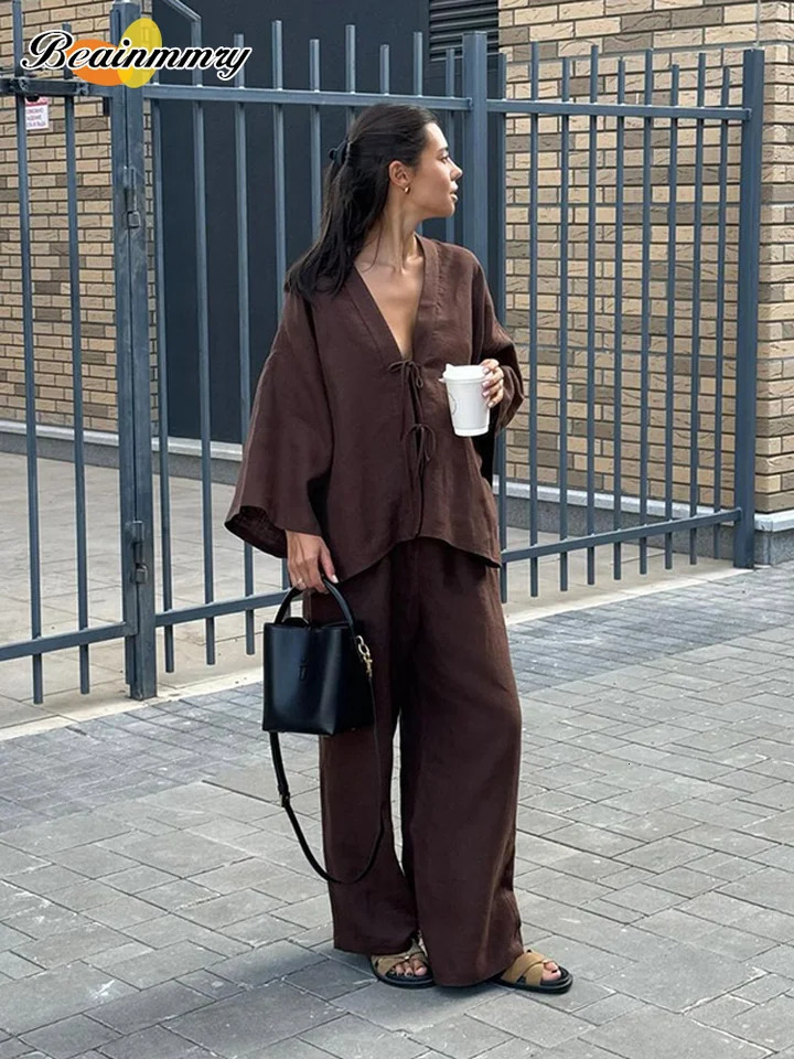 Causal Oversized Solid Cotton Linen Pant Suit Women Single Button Long Sleeve V-neck Shirt Set 2026 Summer Lady Streetwear 260304