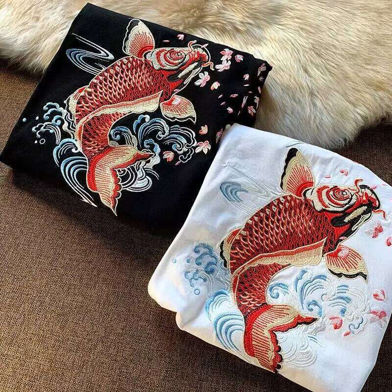 Mardi Hefxessdr Lovers Embroidered Koi Fish Summer 2025 New Men Cotton T Shirt Students Casual Tee Short Sleeves Top Loose T-shirt 4XL