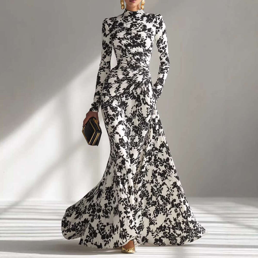 European American Spring And Autumn Fashion Women's Long-Sleeve Printed Pleated Long Elegant Gown Dress