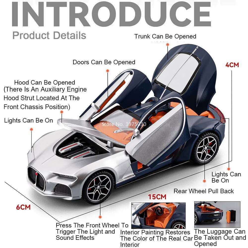 1:32 Atlantic Bolide Alloy Models Cars Diecast Toys with Light Music Miniature Vehicles Doors Opened Sports Car Model Ornament Z260307