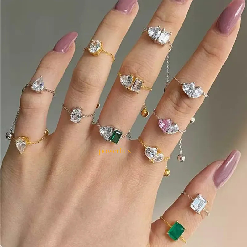 luxury diamond band designer ring for woman wedding link chain 925 sterling silver pink green 5A zirconia oval heart gold rings friend gift box openin