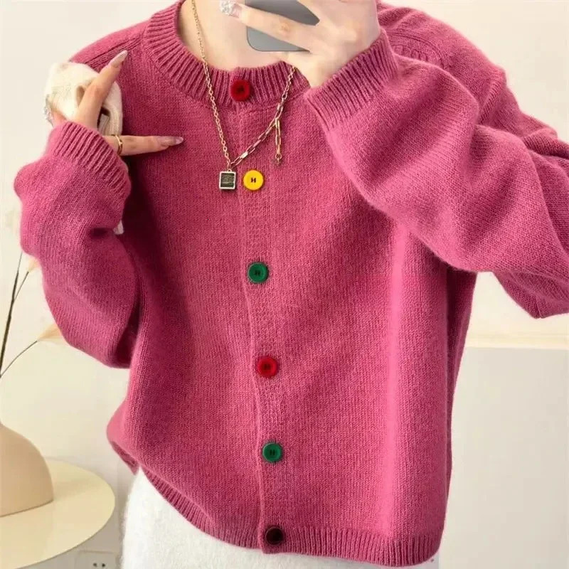 Japanese Sweet and Fresh Round Neck Colorful Button Knitwear Coat Academy Style Western Versatile Sweater Womens Cardigans 260306